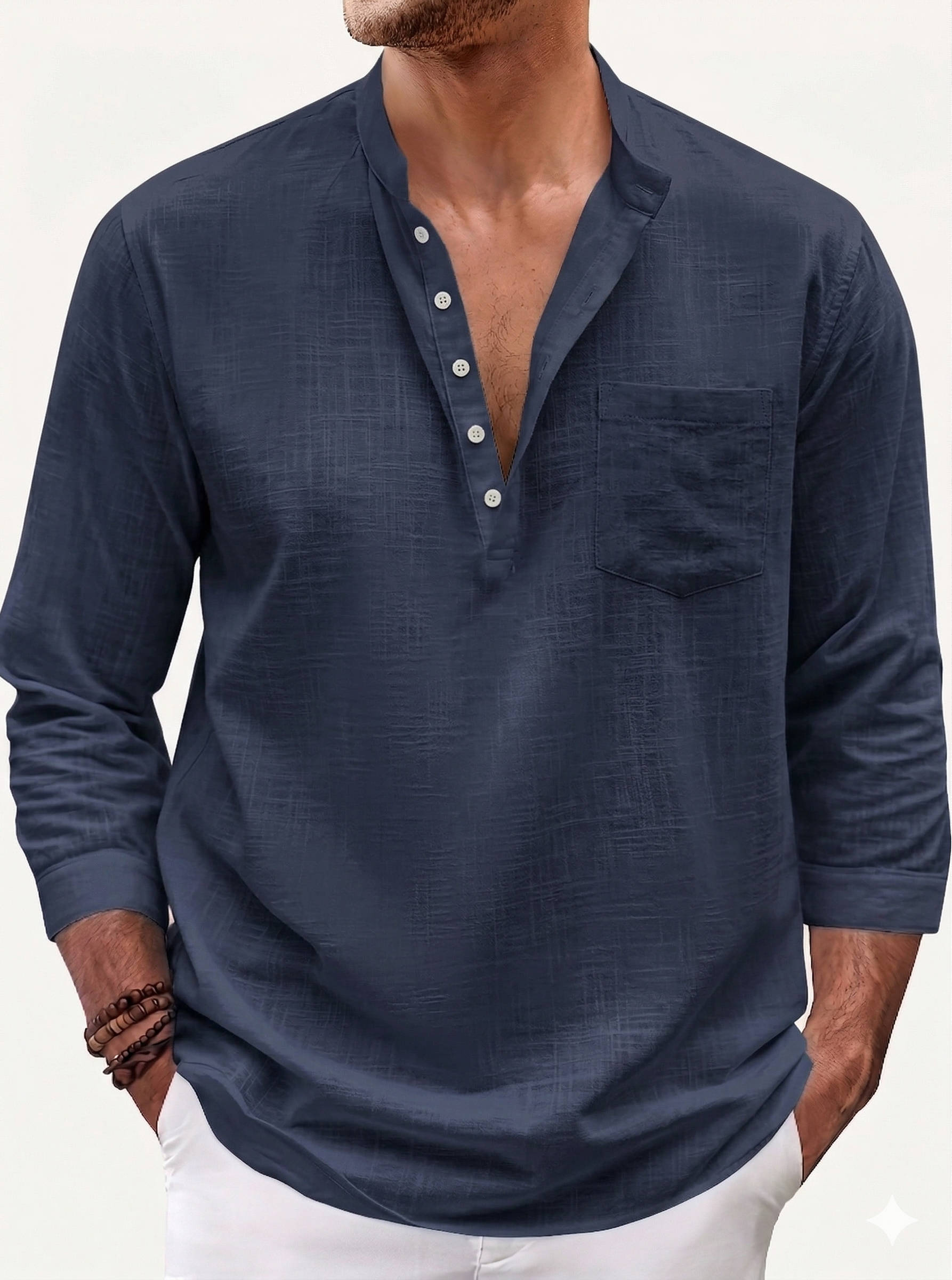 Men's Cotton Linen Henley Shirt - 3/4 Sleeve Casual Summer Top