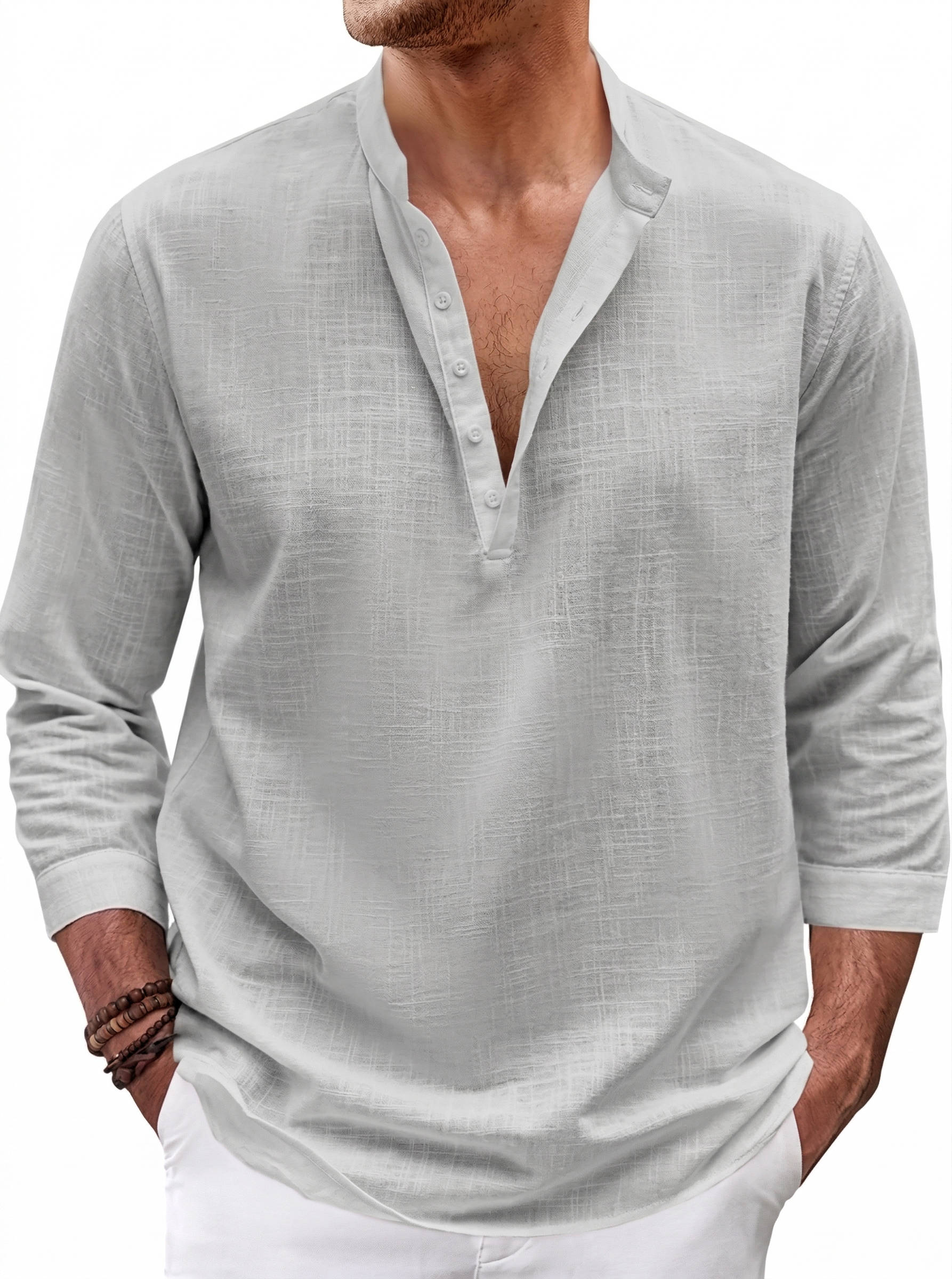 Men's Linen Blend Henley Shirt - 3/4 Sleeve Casual Top with Stand Collar