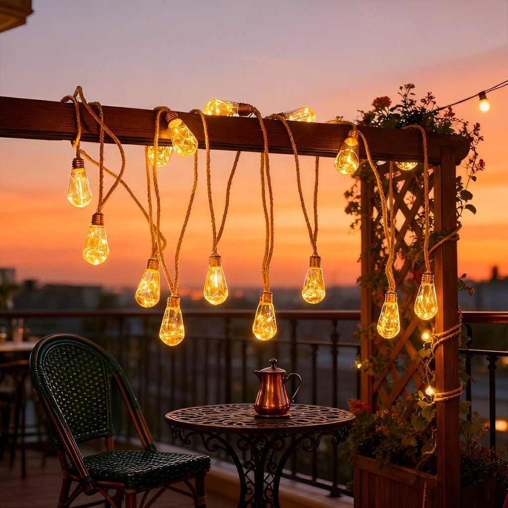 Solar-Powered LED String Lights with Hemp Rope Design – Garden, Patio