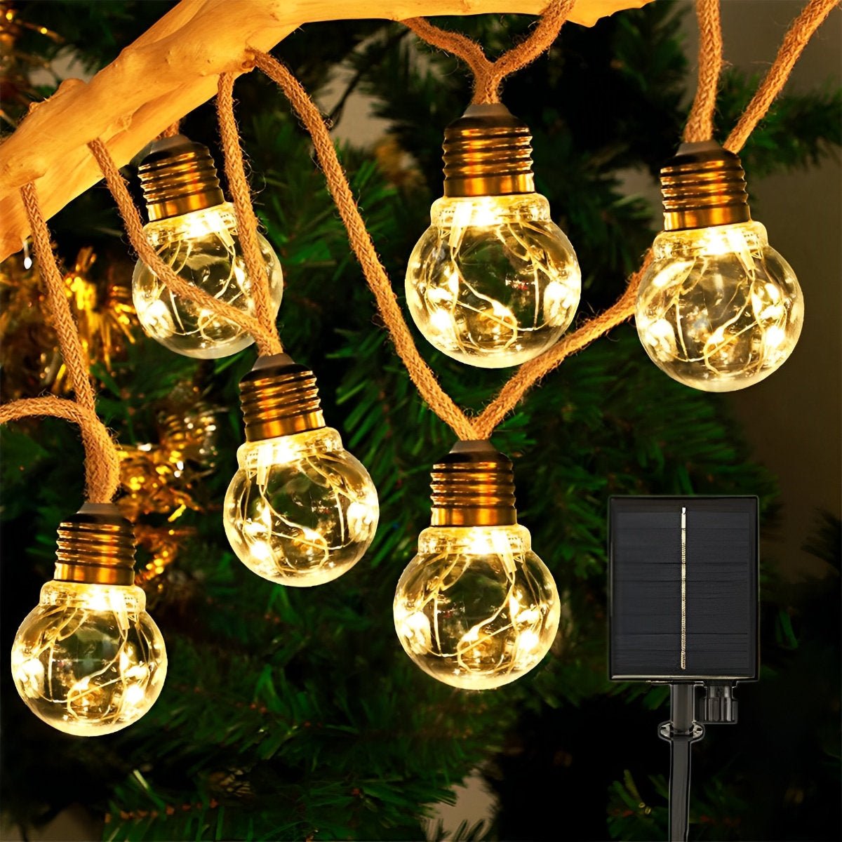 Solar-Powered LED String Lights with Hemp Rope Design – Garden, Patio