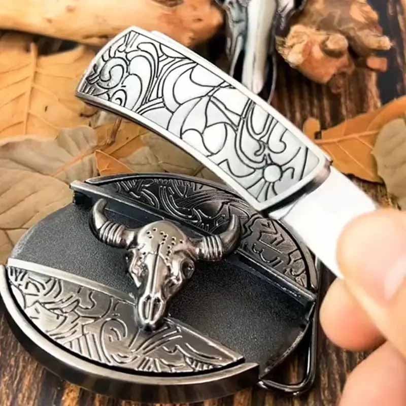 Oval Bull Skull Belt Buckle with Hidden Knife – Fashion Accessory, Unique Gift