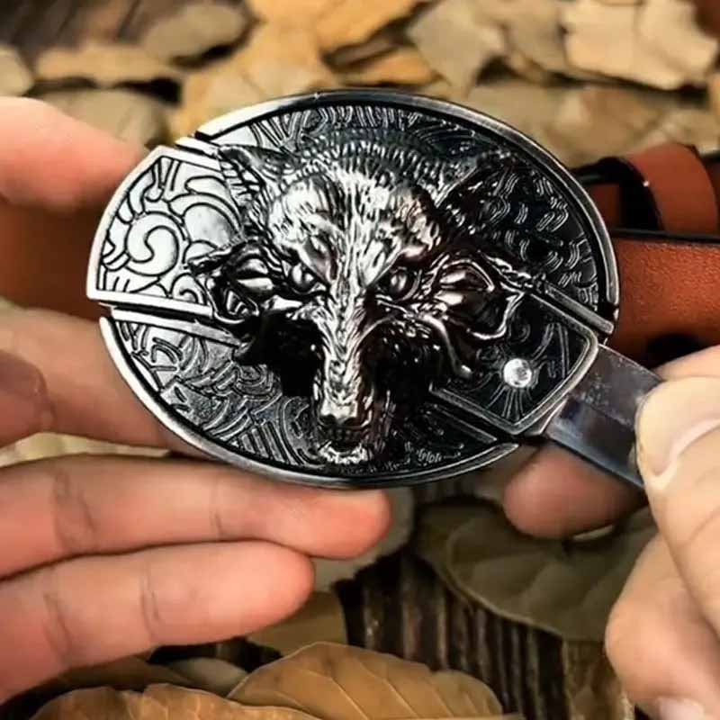 Oval Bull Skull Belt Buckle with Hidden Knife – Fashion Accessory, Unique Gift