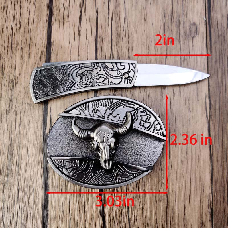 Oval Bull Skull Belt Buckle with Hidden Knife – Fashion Accessory, Unique Gift