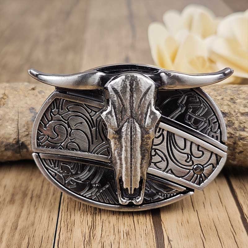 Oval Bull Skull Belt Buckle with Hidden Knife – Fashion Accessory, Unique Gift