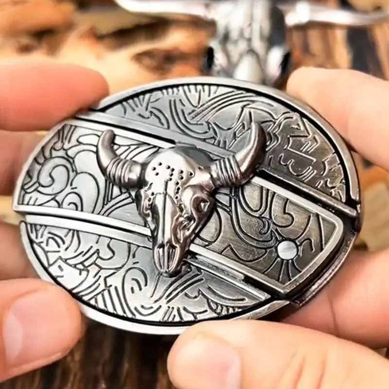 Oval Bull Skull Belt Buckle with Hidden Knife – Fashion Accessory, Unique Gift