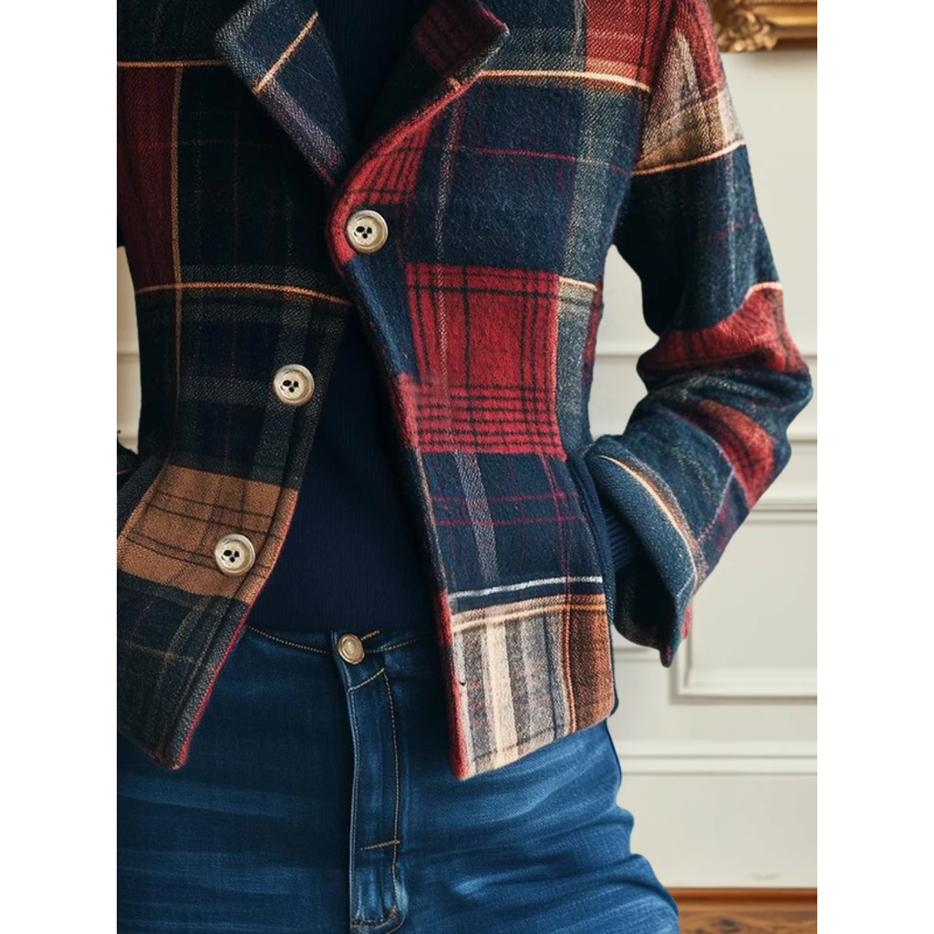 Plaid Stand-Collar Jacket for Women – Casual Wear, Timeless Style
