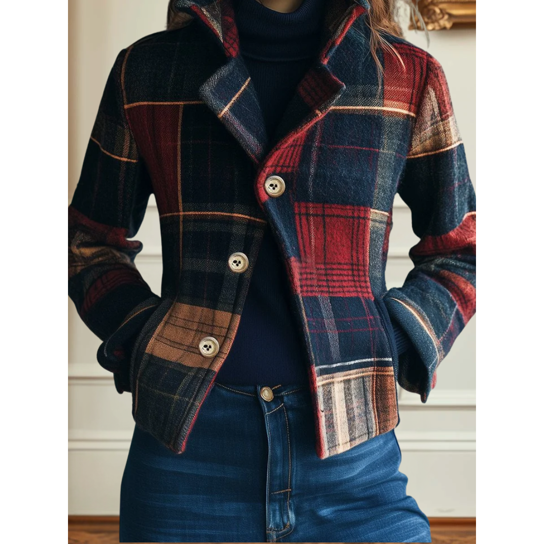 Plaid Stand-Collar Jacket for Women – Casual Wear, Timeless Style