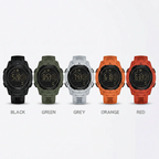 Five digital sports watches shown side by side in different colors: black, green, grey, orange, and red, with text labels underneath on a light background.