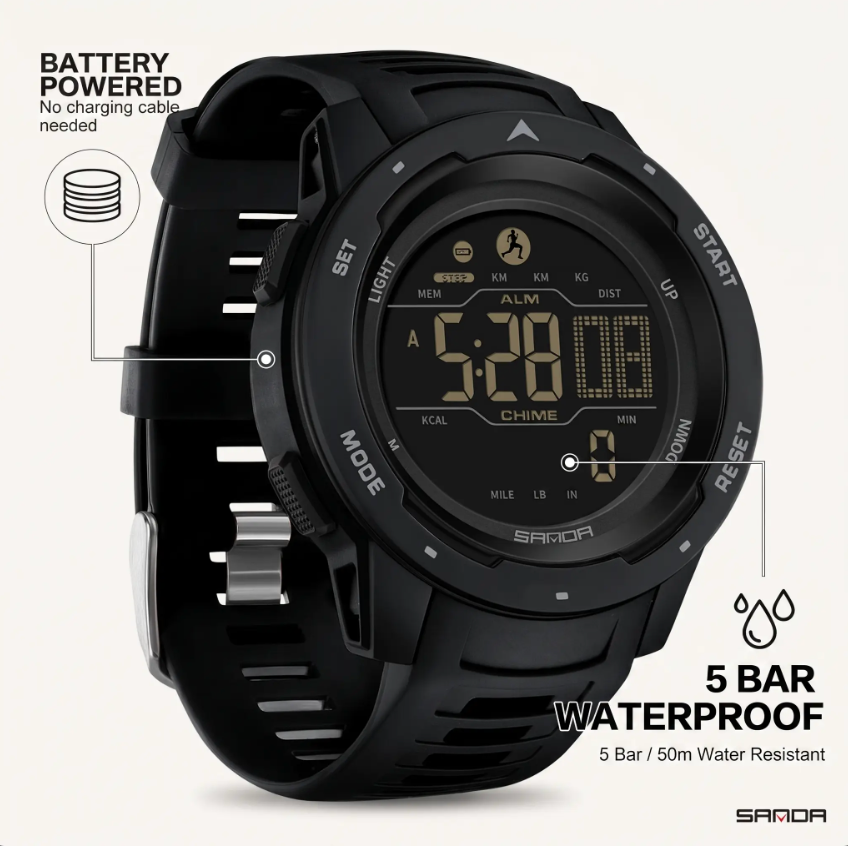 Digital Waterproof Military Pedometer Watch – Fitness, Outdoor Adventure