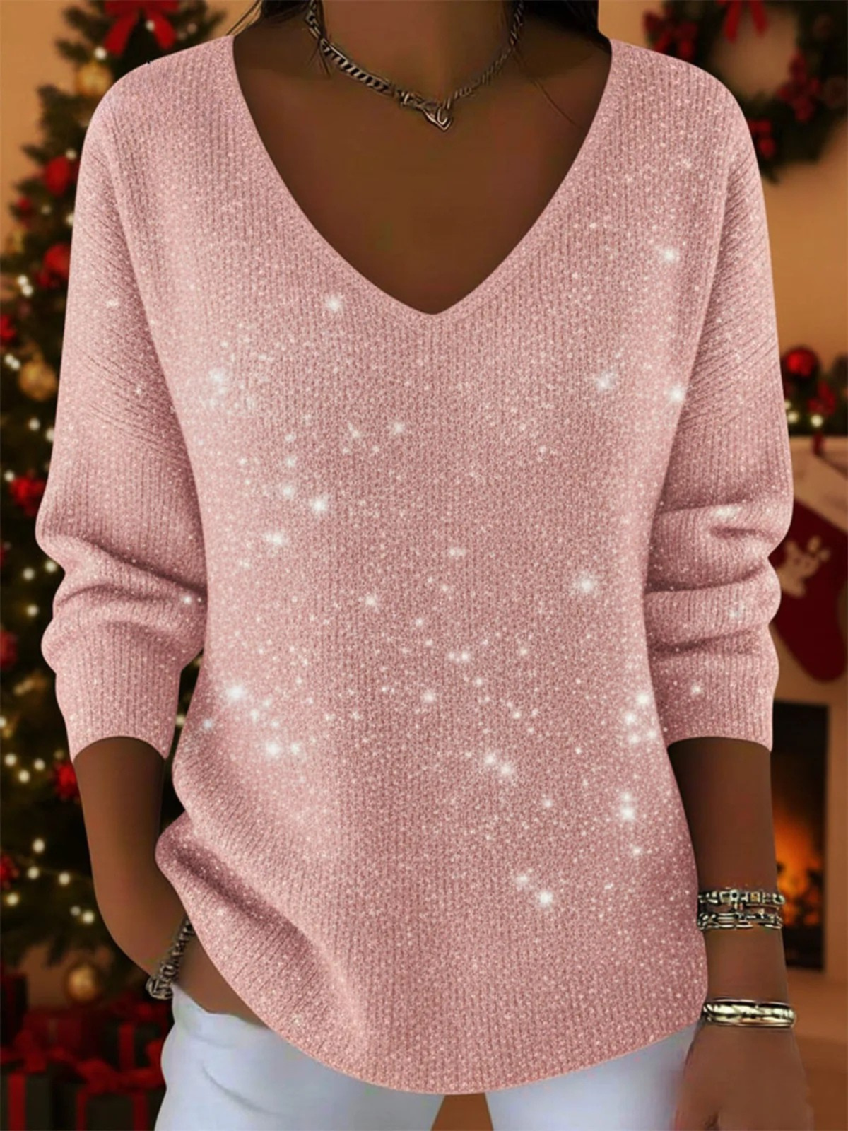 V-Neck Sequin Blouse for Women | Long Sleeve – Casual, Office