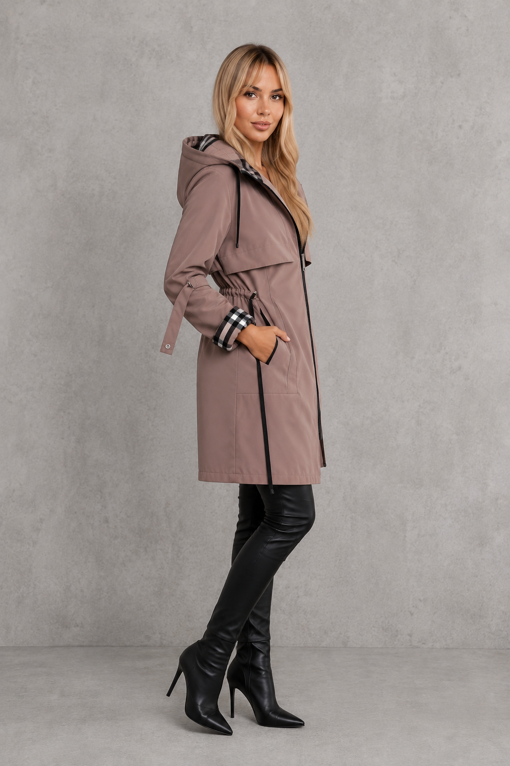 Waterproof Women's Jacket with Hood & Check Trim – Casual, Outdoor