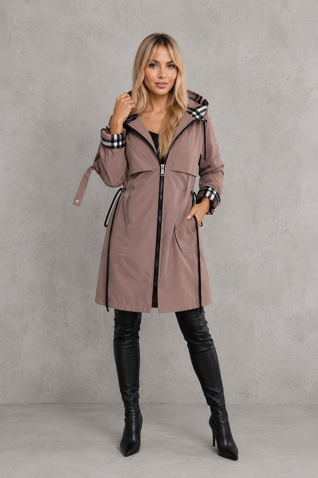 Waterproof Women's Jacket with Hood & Check Trim – Casual, Outdoor