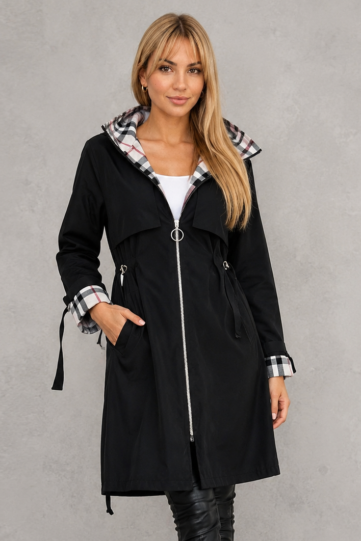 Waterproof Women's Jacket with Hood & Check Trim – Casual, Outdoor