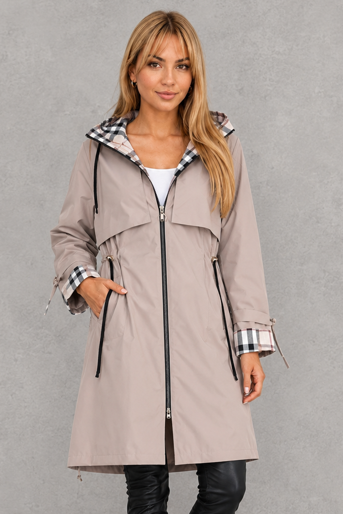 Waterproof Women's Jacket with Hood & Check Trim – Casual, Outdoor