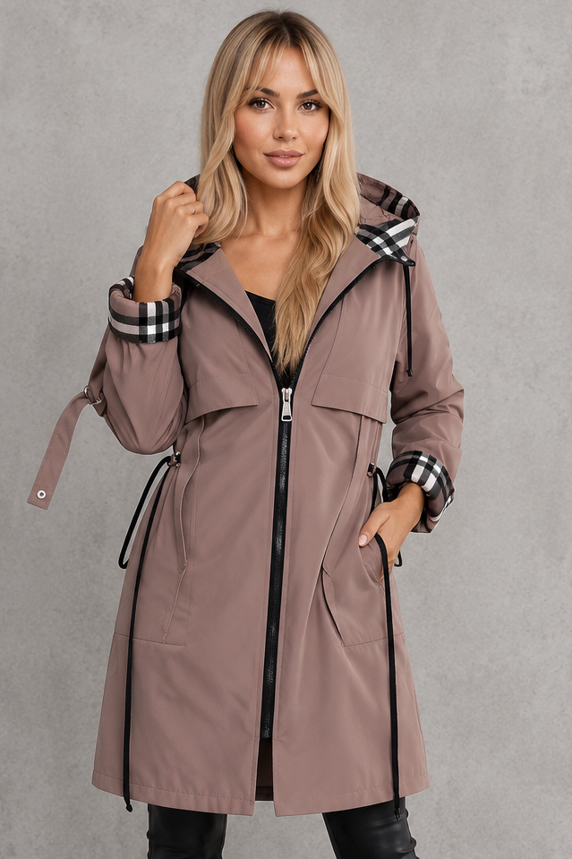 Waterproof Women's Jacket with Hood & Check Trim – Casual, Outdoor