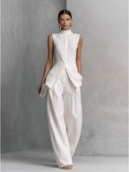 White Cotton Linen Sleeveless Top and Wide Leg Pants Set for Women
