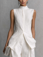 White Cotton Linen Sleeveless Top and Wide Leg Pants Set for Women