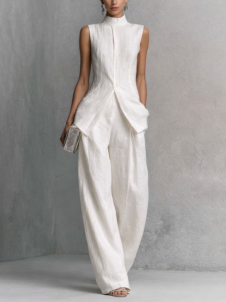 White Cotton Linen Sleeveless Top and Wide Leg Pants Set for Women