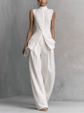 White Cotton Linen Sleeveless Top and Wide Leg Pants Set for Women