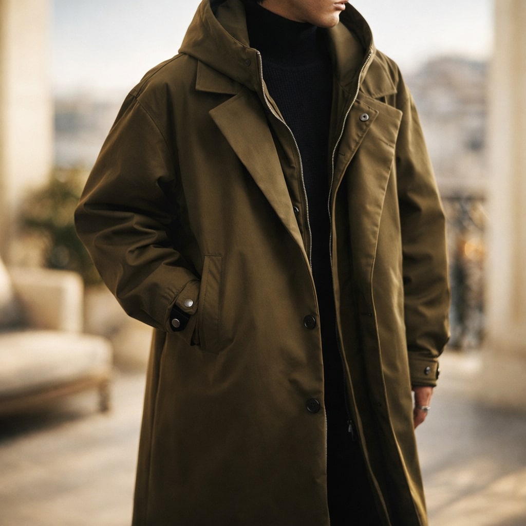 Windproof Layered Men's Hooded Coat – Outdoor, Casual