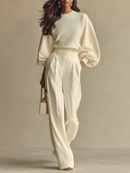 Ivory Textured Knit Lounge Set – Ribbed Crew Neck & High-Waisted Design
