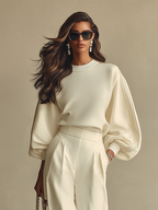 Ivory Textured Knit Lounge Set – Ribbed Crew Neck & High-Waisted Design