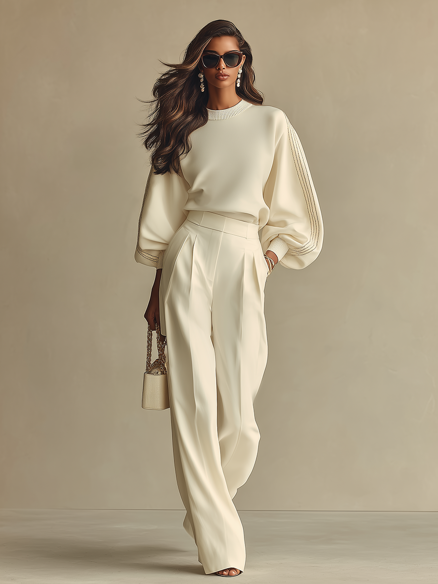 Ivory Textured Knit Lounge Set – Ribbed Crew Neck & High-Waisted Design