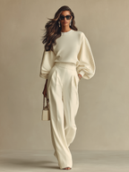 Ivory Textured Knit Lounge Set – Ribbed Crew Neck & High-Waisted Design