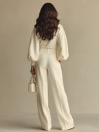 Ivory Textured Knit Lounge Set – Ribbed Crew Neck & High-Waisted Design