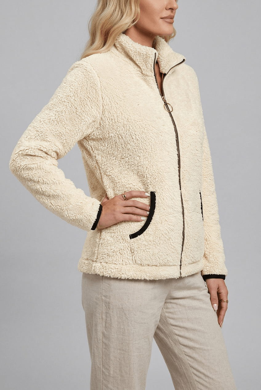 Women's Cozy Fleece Zip-Up Jacket with Stand-Up Collar – Casual, Everyday
