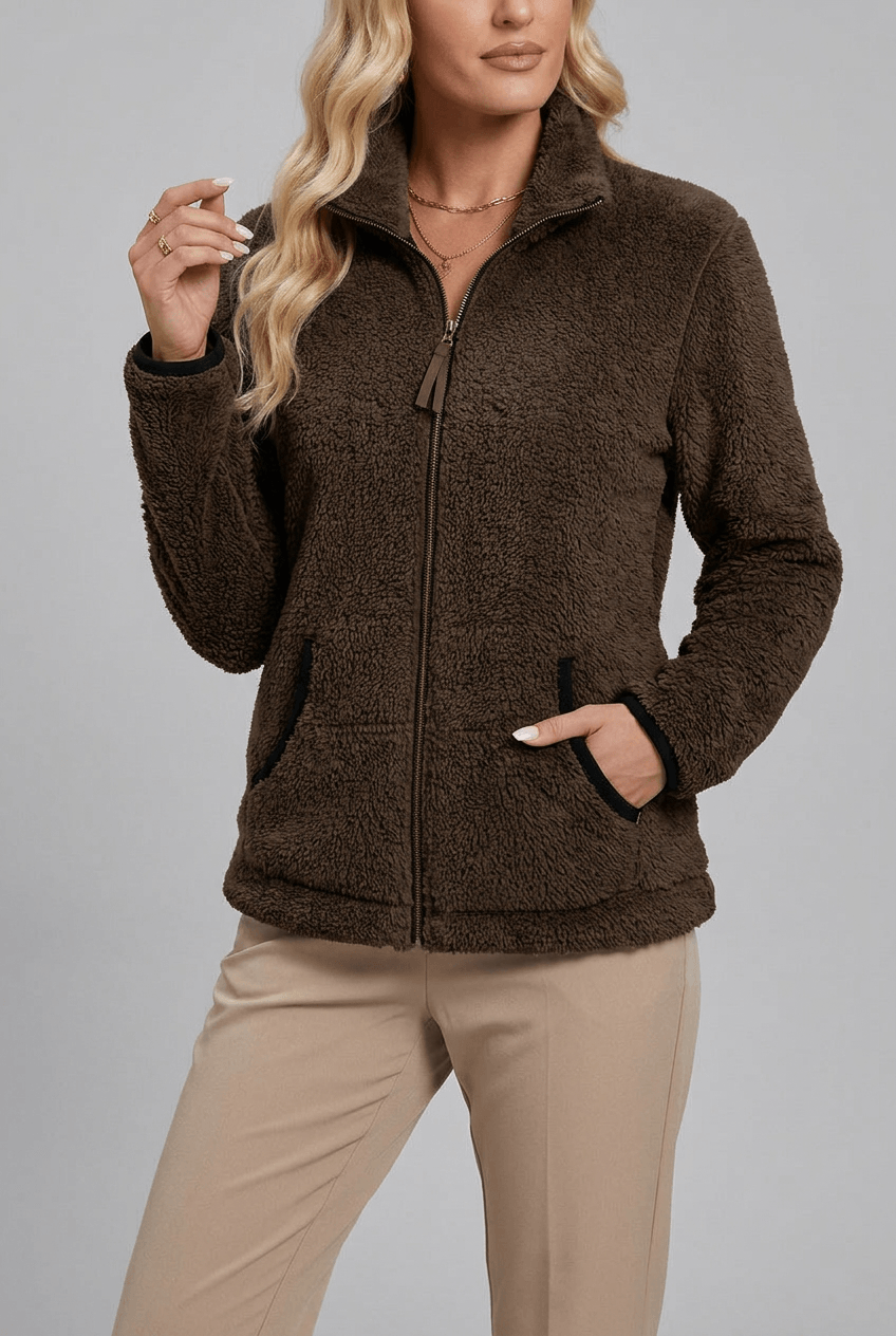 Women's Cozy Fleece Zip-Up Jacket with Stand-Up Collar – Casual, Everyday