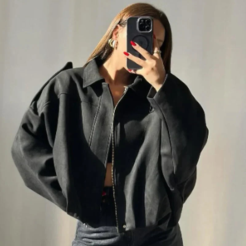Women's Cropped Zip-Up Bomber Jacket – Casual, Everyday Wear