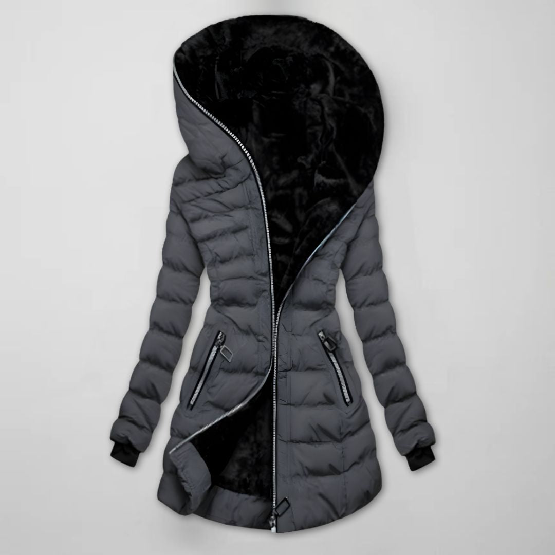 Women's Long Quilted Winter Jacket with Hood – Warm, Windproof – Outdoor, Casual