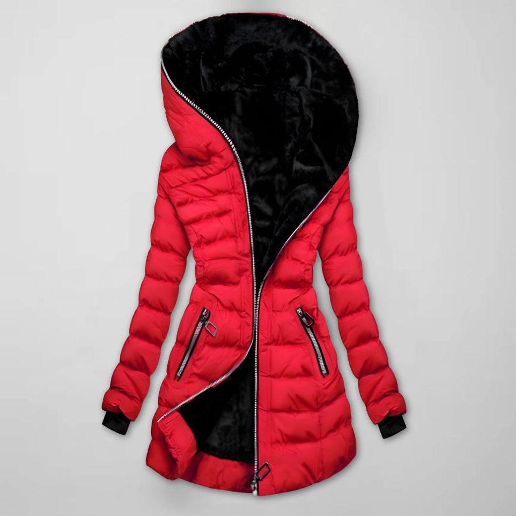 Women's Long Quilted Winter Jacket with Hood – Warm, Windproof – Outdoor, Casual