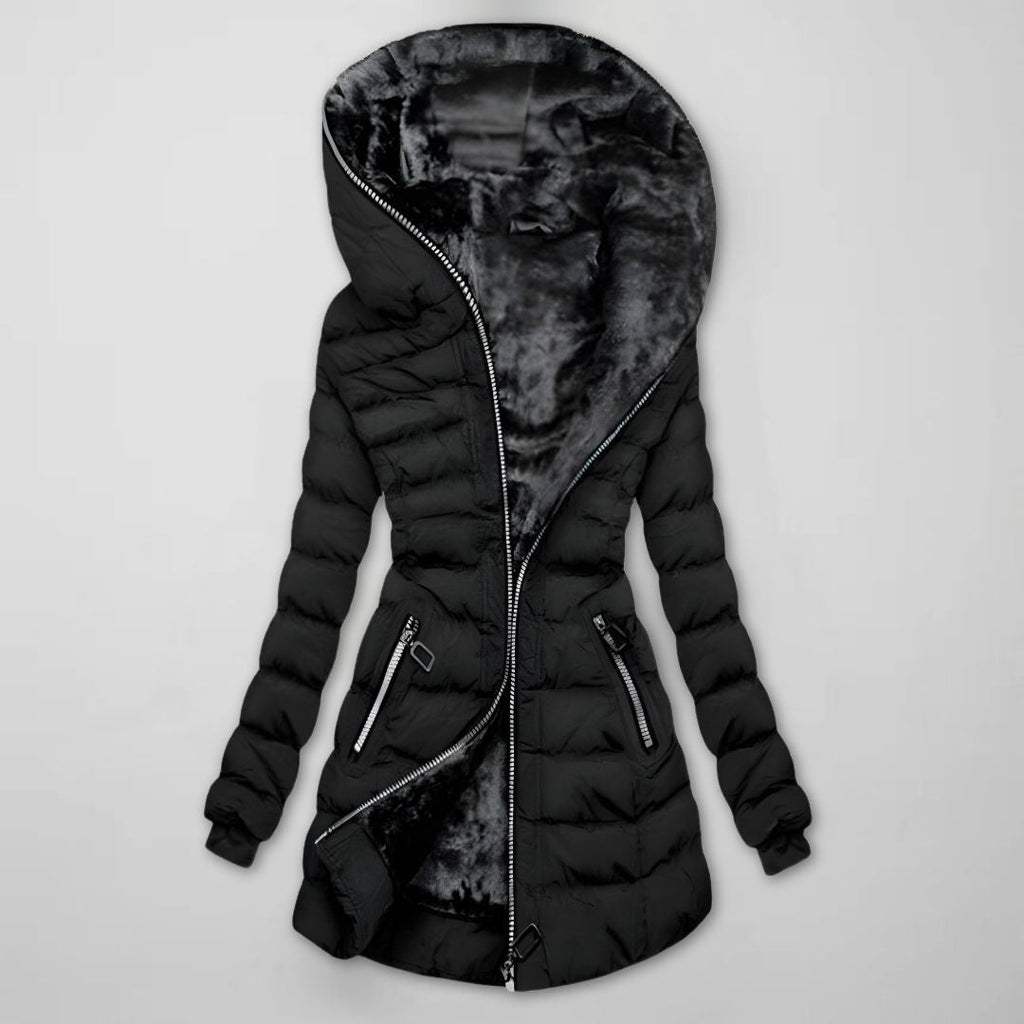 Women's Long Quilted Winter Jacket with Hood – Warm, Windproof – Outdoor, Casual