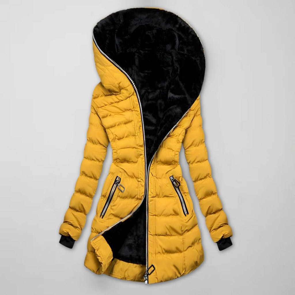 Women's Long Quilted Winter Jacket with Hood – Warm, Windproof – Outdoor, Casual