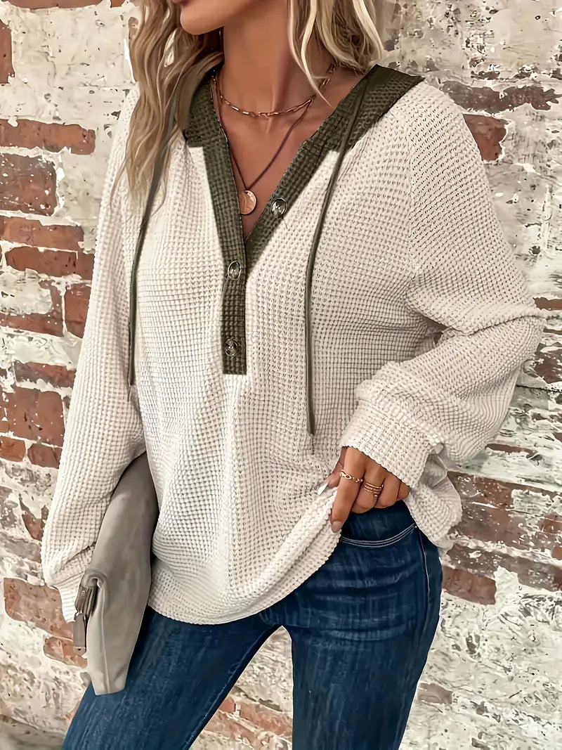 Women's Long Sleeve Hoodie, Soft Waffle Knit, Adjustable Hood – Casual Wear, Everyday Comfort