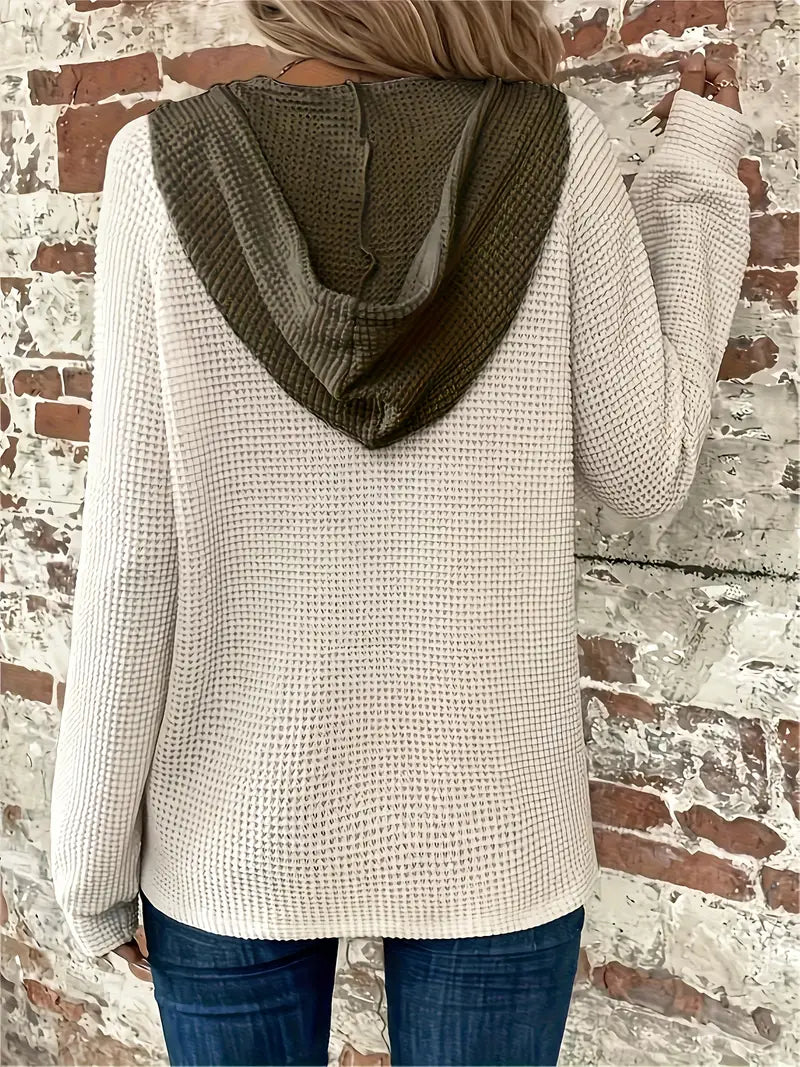 Women's Long Sleeve Hoodie, Soft Waffle Knit, Adjustable Hood – Casual Wear, Everyday Comfort