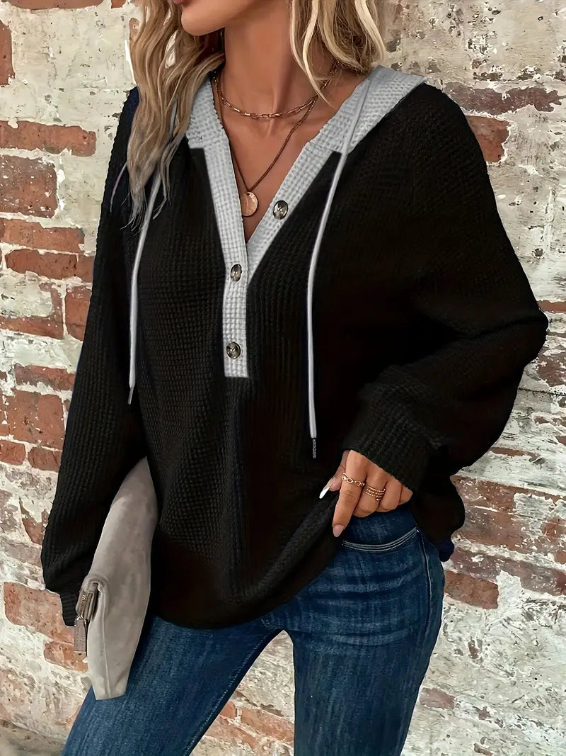 Women's Long Sleeve Hoodie, Soft Waffle Knit, Adjustable Hood – Casual Wear, Everyday Comfort