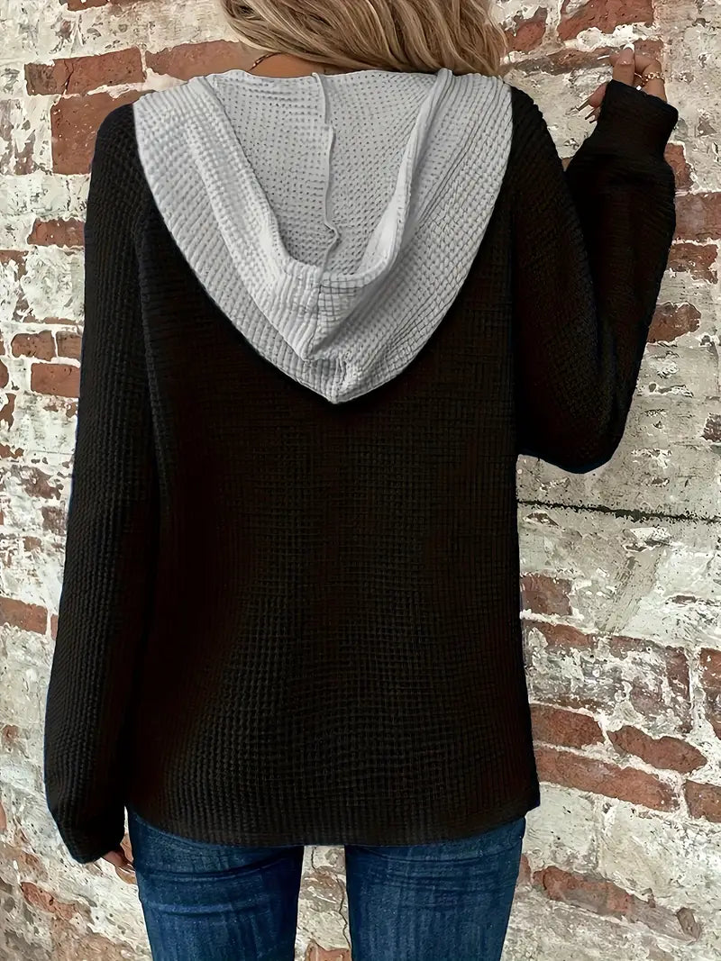 Women's Long Sleeve Hoodie, Soft Waffle Knit, Adjustable Hood – Casual Wear, Everyday Comfort