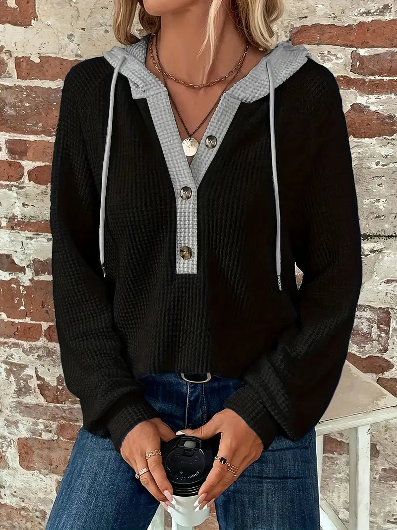 Women's Long Sleeve Hoodie, Soft Waffle Knit, Adjustable Hood – Casual Wear, Everyday Comfort