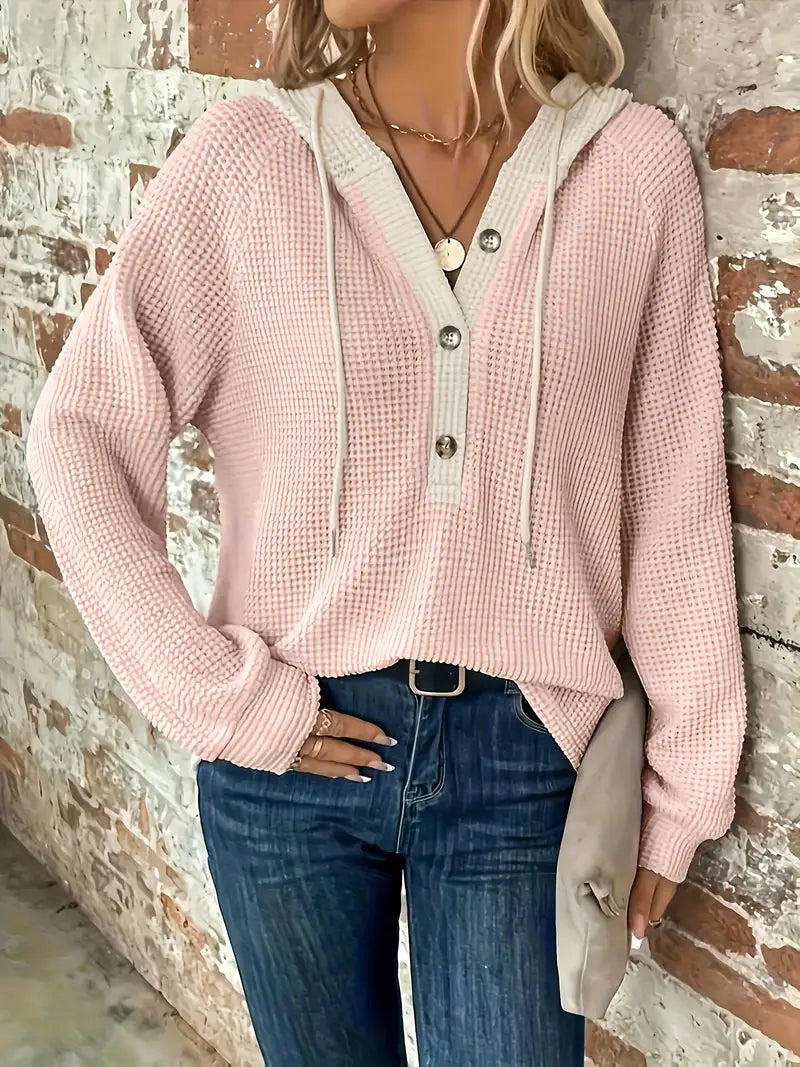 Women's Long Sleeve Hoodie, Soft Waffle Knit, Adjustable Hood – Casual Wear, Everyday Comfort