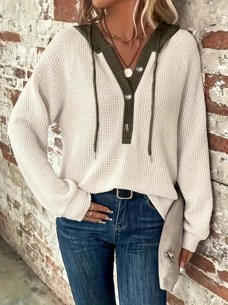 Women's Long Sleeve Hoodie, Soft Waffle Knit, Adjustable Hood – Casual Wear, Everyday Comfort