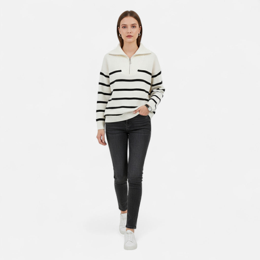 Women's Striped Polo Sweater with Half-Zip – Elegant Fall Fashion, Casual Wear