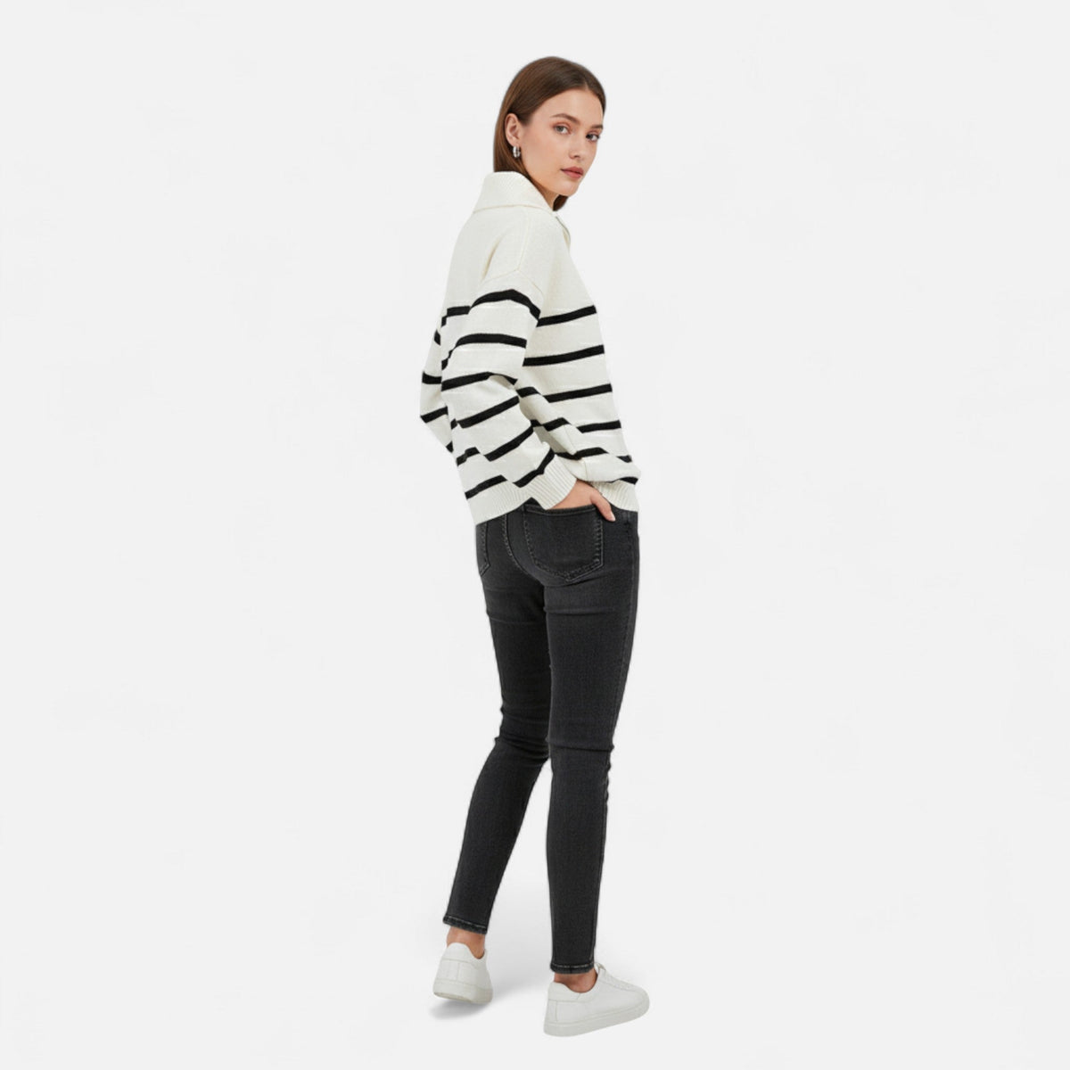 Women's Striped Polo Sweater with Half-Zip – Elegant Fall Fashion, Casual Wear