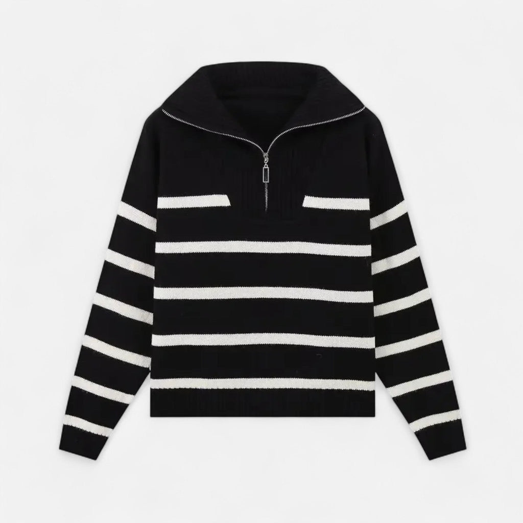 Women's Striped Polo Sweater with Half-Zip – Elegant Fall Fashion, Casual Wear