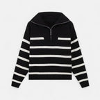 Women's Striped Polo Sweater with Half-Zip – Elegant Fall Fashion, Casual Wear