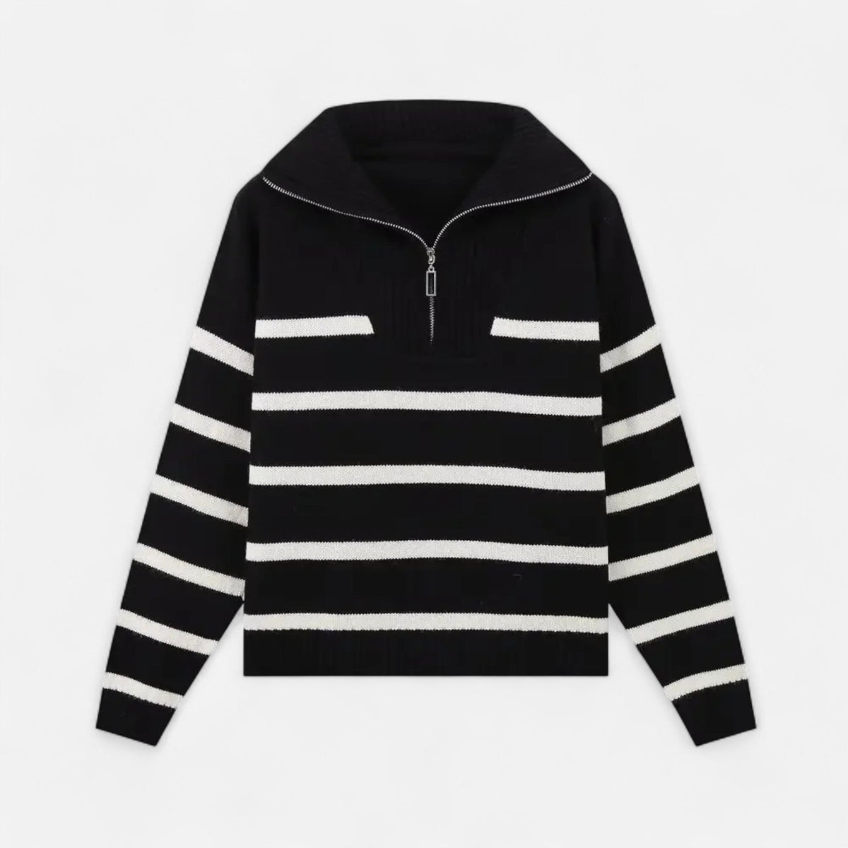 Women's Striped Polo Sweater with Half-Zip – Elegant Fall Fashion, Casual Wear