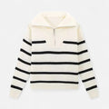 Women's Striped Polo Sweater with Half-Zip – Elegant Fall Fashion, Casual Wear