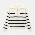 Women's Striped Polo Sweater with Half-Zip – Elegant Fall Fashion, Casual Wear